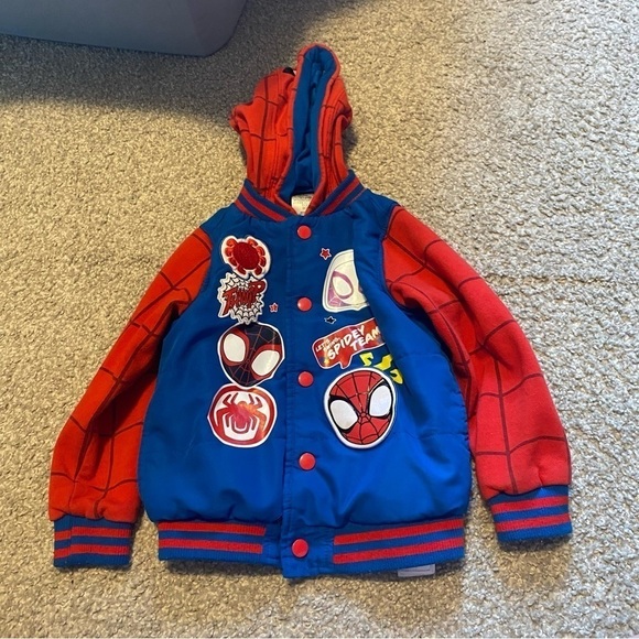 Disney Spidey and His Friends Hooded Jacket Sz 4 Hooded Snap Button Blue Red - Picture 2 of 6